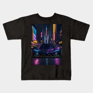 Dark Neon Sports Car in Japanese Neon City Kids T-Shirt